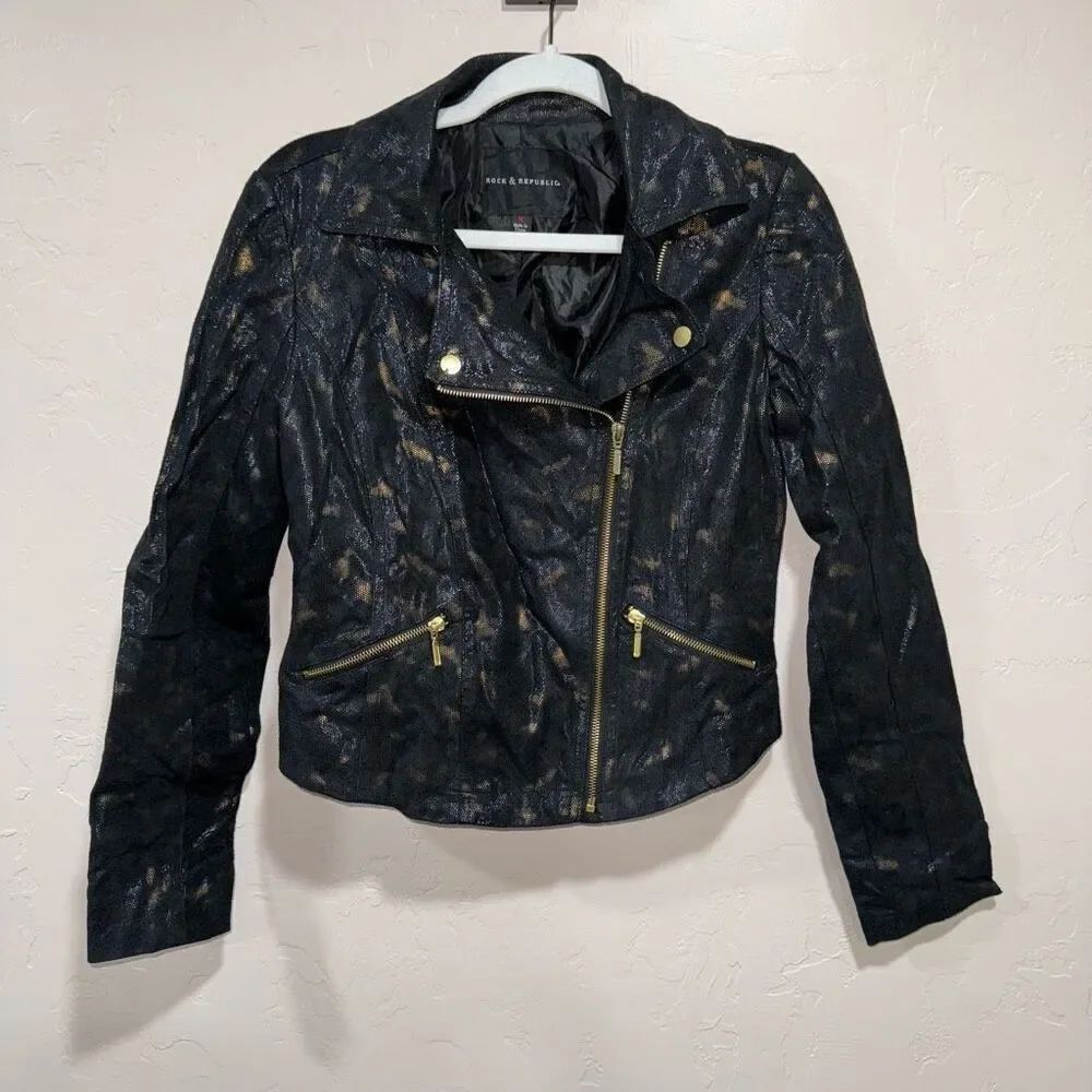 Rock & Republic Snake Prink Faux Leather Metallic Black & Gold Jacket Size Mediu